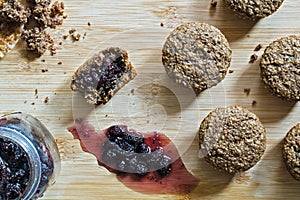 Bran muffins with Mulberry jam top view.