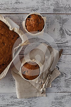 Bran muffins with raisins and a cup of coffee