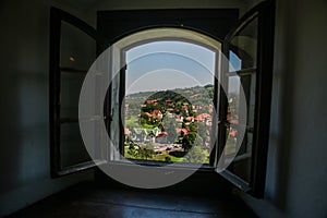 BRAN, ROMANIA: Beautiful summer landscape. View from Bran castle