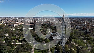 Branca Tower aerial view is an iron panoramic tower located in Parco Sempione the main city park of Milan in Italy