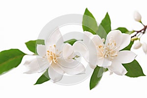 Branch of beautiful jasmine flowers on isolated white background