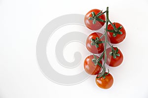 Branch of beautiful juicy organic red cherry tomatoes on white background.