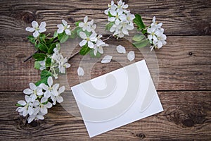 A branch of a blooming apple tree with white flowers and a sheet of paper on a wooden background, with a copy space