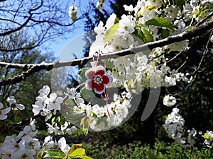 Branch of blossoming cherry tree with a handmade Martisor.