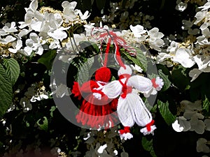 Branch of blossoming cherry tree with a handmade Martisor.