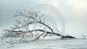 A branch buckles under the weight of heavy snow as a blizzard creates a desolate and unforgiving landscape