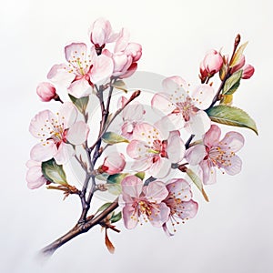 Branch of cherry blossoms with pink flowers on a white background. Watercolor illustration