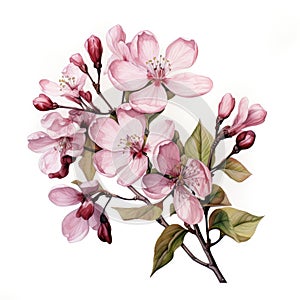 Branch of cherry blossoms with pink flowers on a white background. Watercolor illustration