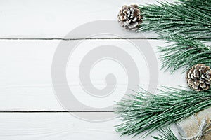 Branch christmas tree and cone with snow on white wooden vintage background