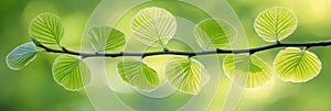 Branch with Delicate Spring Leaves Radiating Luminous Beauty, Capturing Lush Verdancy and Light.