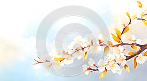 branch with delicate white flowers and leaves against a gentle blue and white background, evoking a bright, spring day