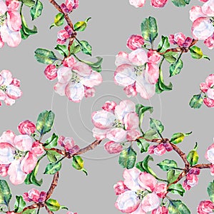 Branch Flowers Apple. Handiwork Watercolor Seamless Pattern on a Blue Background.