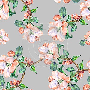 Branch Flowers Apple. Handiwork Watercolor Seamless Pattern on a Blue Background.