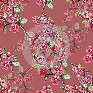 Branch Flowers Sakura. Handiwork Watercolor Seamless Pattern on a Lilac Background.