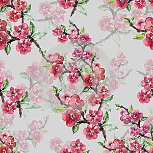 Branch Flowers Sakura. Handiwork Watercolor Seamless Pattern on a Milky Background.