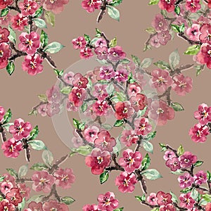 Branch Flowers Sakura. Handiwork Watercolor Seamless Pattern on a Parma Violet Background.