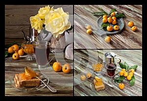 Branch with fruits medlars, jam and tea on a wooden table