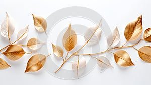 Branch of golden and silver autumn leaves on white background. Autumn concept, fall background. Minimal floral design, autumn leaf