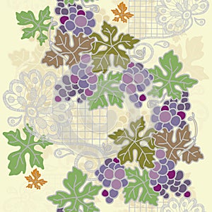 Branch grape with floral lace on cream background.