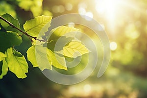 Branch with green leaves in sunlight, bokeh effect. Summer background.