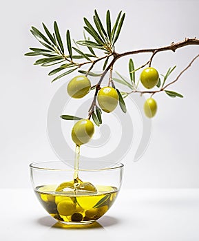 Branch of green olives with one green olive dripping olive oil into a transparent glass isolated on a light gray background photo