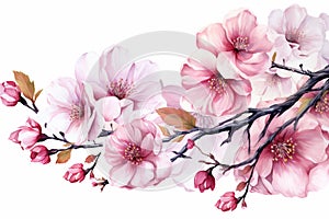 A branch heavy with pink cherry blossoms against a white background embodies the arrival of spring. cheerful and