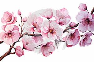 A branch heavy with pink cherry blossoms against a white background embodies the arrival of spring. fitting for seasonal