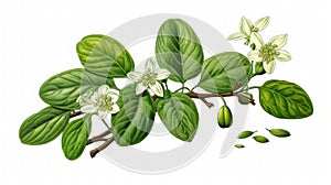 Branch with leaves and blossoms. There are several flowers on branch, along with some green leaves. The flowers have