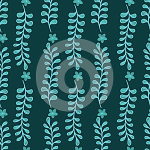 Branch with leaves and small flower detail. drawn by hand. isolated on a darkgreen background. Pattern design for Fabric