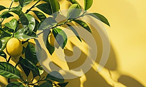 Branch of lemon tree against yellow background. Backdrop for summer design stories