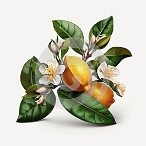 branch from a lemon tree with leaves and flowers is isolated on a white background.
