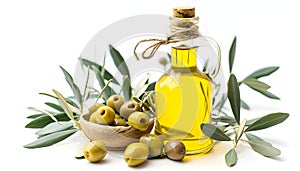 Branch with olives and a bottle of olive oil