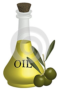 Branch with olives and bottle of olive oil - illustration
