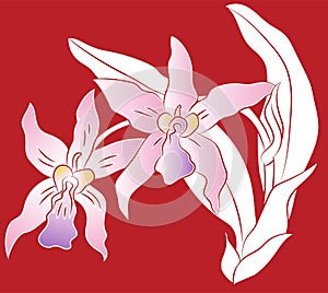 Branch of orchid flower with green leaves, Paper cut Illustration
