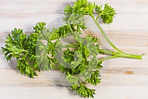 Branch of parsley on a wooden tabletop