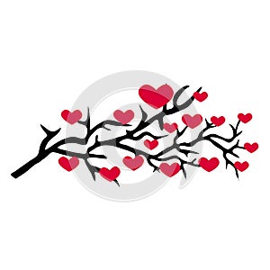 Branch pattern with red hearts isolated on white background. branch vector illustration