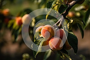 Branch of Peach Tree Filled With Ripe Peaches fuzz texture, green leaves background
