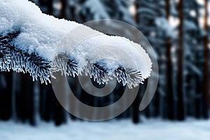 A branch of a pine tree covered in snow in the woods