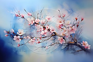 A branch of pink sakura, oriental cherry, watercolor flowers, wet technique painting