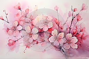 A branch of pink sakura, oriental cherry, watercolor flowers, wet technique painting