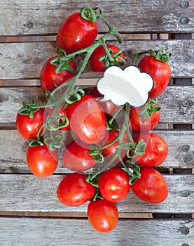 Branch of red ripe cherry tomatoes and label