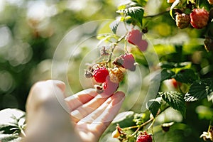 Branch of red ripe raspberries in garden