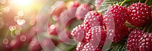 Branch of ripe raspberries. Red berries growing on a raspberry bush in an orchard.