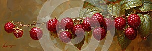 Branch of ripe raspberries. Red berries growing on a raspberry bush in an orchard.