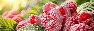 Branch of ripe raspberries. Red berries growing on a raspberry bush in an orchard.