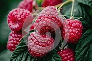 Branch of ripe raspberries. Red berries growing on a raspberry bush in an orchard.