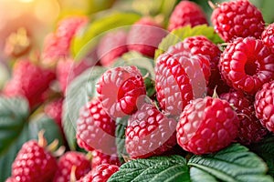 Branch of ripe raspberries. Red berries growing on a raspberry bush in an orchard.