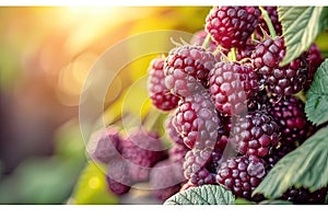 Branch of ripe raspberries. Red berries growing on a raspberry bush in an orchard.