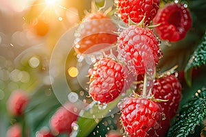 Branch of ripe raspberries. Red berries growing on a raspberry bush in an orchard.