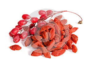 Branch of ripe red barberries and dried goji berries